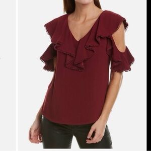 🍷 Trina Turk Burgundy Ruffle Blouse – Size Small